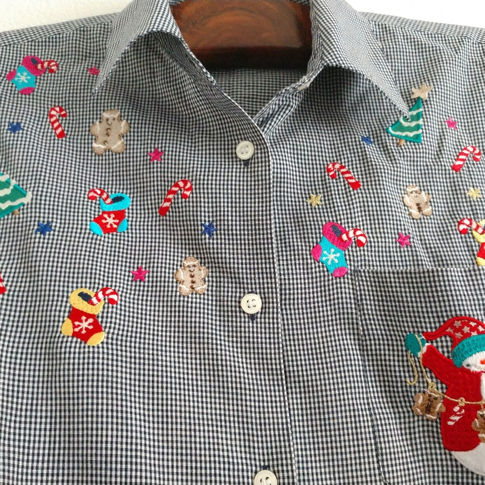 Karen Scott Embroidered Christmas Shirt Black White Gingham Check Snowman Large - Picture 2 of 8